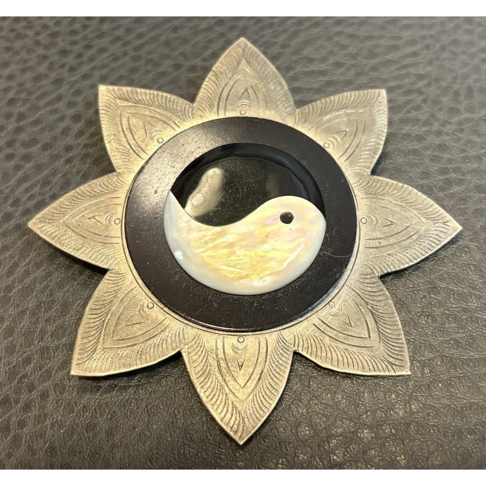 HUGE Yin Yang Symbol Black White MOP Etched Lotus Flower Ethnic Boho Pin Brooch